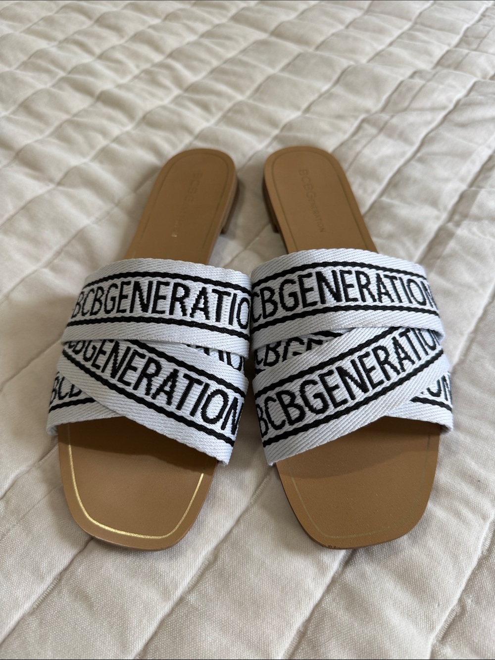BCBGeneration White & Tan Logo Crisscross Slide Sandals